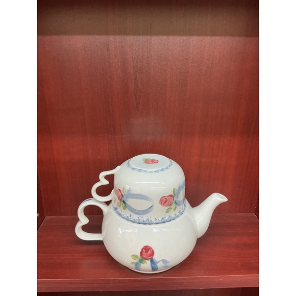Tea For One Set Floral Rose Blue Ribbon Ceramic Stackable Teapot Cup Heart Hdle - Picture 2 of 9